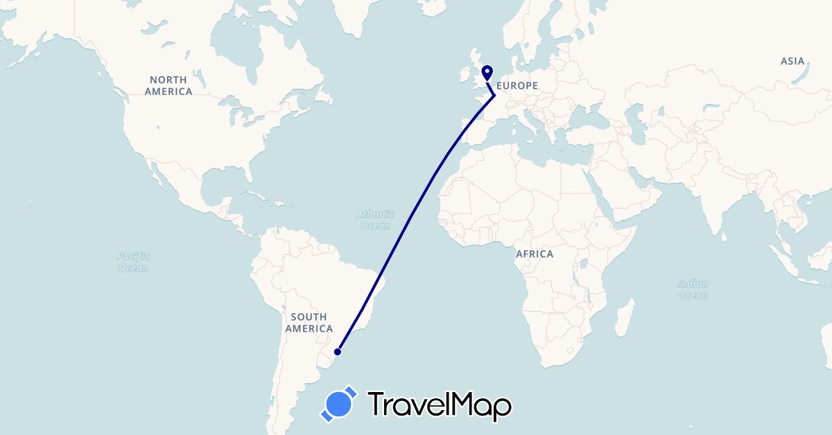 TravelMap itinerary: driving in Brazil, France, United Kingdom (Europe, South America)